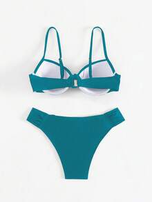SHEIN Swim 2件組女款素色性感支撐鋼圈抓皺上衣與比基尼泳褲套裝，適合夏季海灘度假泳裝 - 水鴨藍 - 查看 4