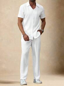 Manfinity Homme Conjunto Casual Masculino de Camisa de Manga Curta de Cor Sólida e Calça, Modelo Paletó Simples - Branco - Visão 1