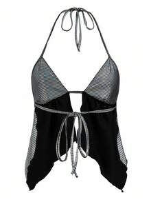 Y2Kool Women's Metallic Plaid Foil Print Backless Halter Top, Suitable For Party, Holiday, Evening Event Checkered Casual Stylish Collection New Year - Silver - View 2