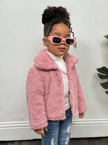 SHEIN Babygirl 可爱蓬松粉色长袖夹克外套，秋冬 - 粉色 - 查看 6