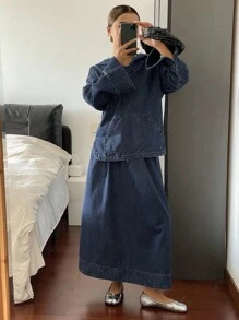 DAZY Women's V-Neck Hooded Top And Loose Denim Skirt Set, Summer - Blue - View 4
