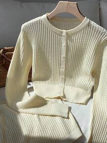 SHEIN EZwear 2pcs Women Knit Crochet Cardigan In Cream And Shorts Sweater Set,Summer Outfits For Women,Beach Outfits For Woman - Apricot - View 4