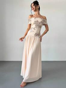 Firerie Women's Elegant Textured Fabric Off Shoulder Dress In Apricot, Romantic & Suitable For Wedding Guest, Party, Formal Events, Summer - Apricot - View 4