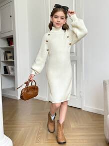 Vestido de malha elegante e quente com gola alta para meninas pré-adolescentes, uso diário, estilo feminino