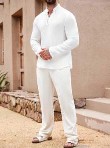 OTTIMOZO 男士休闲立领长袖衬衫，复古风格男士衬衫，半开襟和天然椰子纽扣，适合秋季简约日常穿着 - 白色 - 查看 5