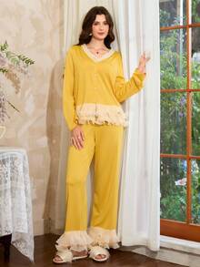 Côtesoire French Retro Elegant Yellow V-Neck Layered Ruffle Hem Women Pajama Set Yellow Pajama Set Women Women Yellow Pajamas Yellow Pajama Set With Ruffle Trim Yellow Two Pieces Pajama Set For Women Women Yellow Lounge Pajama Set, Fall Clothes - Yellow - View 1