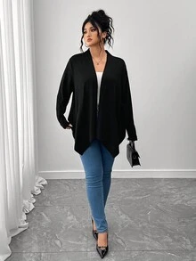 SHEIN PETITE CURVE 大码女式优雅休闲不对称下摆开衫，冬季秋季，黑色，适合女士 - 黑色 - 查看 6