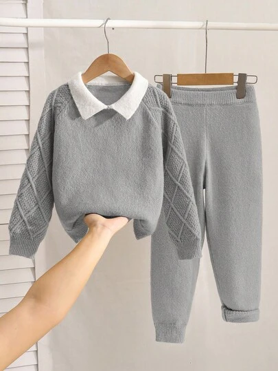 SHEIN 2 Pieces Young Boys Casual College Comfortable Fashion Simple Practical All-Match Soft Comfortable Loose Polo Sweater Set Suitable For Birthday Parties, Parties, Shows Suitable For Kids Outfits Young Boy Clothes School Back To School Boys Set Daily Suitable For School Suitable For Travel Suitable For Sports Suitable For Autumn And Winter Fall