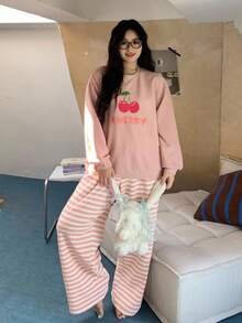 Dazy Plus 2 pièces Ensemble pyjama avec Top à manches longues ample imprimé cerises et pantalon rayé rose, vêtements de nuit pour femmes grande taille, tenues d'automne et d'hiver - Rose bonbon - Voir 7