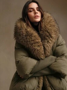 Anewsta Short Thick Hooded Jacket With Extra Large Furry Collar And Ribbed Cuffs