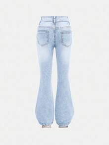 SHEIN Girlism Jeans acampanados de cintura alta con estampado de corazón desgastado de moda para niñas preadolescentes, ropa de otoño para niñas, conjuntos de ropa de calle