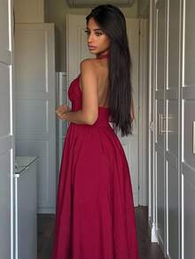 Ronhire Vestido feminino com decote halter e laço franzido, trajes de festa femininos em vermelho, trajes de véspera de Ano Novo, vestido de baile de máscaras, trajes de aniversário femininos, vestido vermelho sexy, vestido com laço, vestido de princesa feminino para o Ano Novo - Vermelho - Ver 2