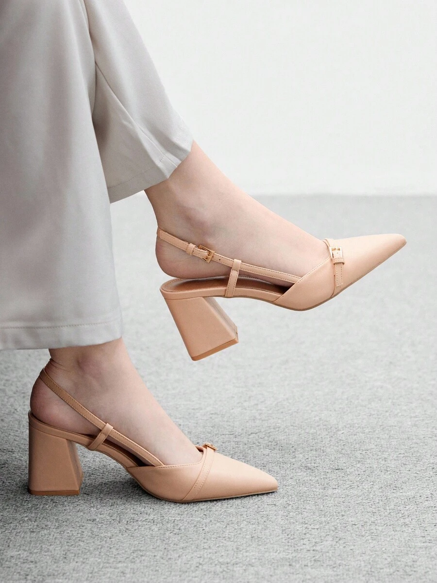 CUCCOO BIZCHIC Women's Fashion Burgundy Pointed Toe Chunky Heel Slip-On Pumps, Classic Minimalist Design For Commuting, Dating, Party, Holiday, Wedding - Apricot - View 1