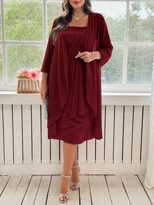 Ellevyn Plus Size Women Spring/Autumn Elegant Solid Color Rhinestone Decor Draped Front Waist Cinched Dress And Lightweight Jacket Set - Burgundy - View 7