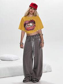 ROMWE Grunge Punk 加州女孩嘴唇印花女式超大T恤 - 黃色 - 查看 5