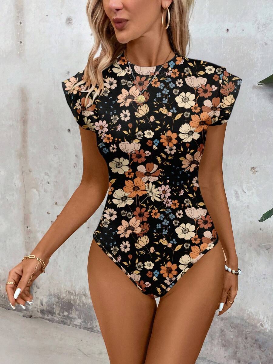 SHEIN LUNE Damen Lässig Blümchen Bodysuit, geeignet für Frühling/Sommer, Retro Blümchen, Landhaus, Vintage - Verschiedenfarbig - Übersicht 1