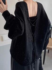 FRIFUL 女士宽松镂空交叉露背休闲毛衣，都市风格，秋季亮片 - 黑色 - 查看 1