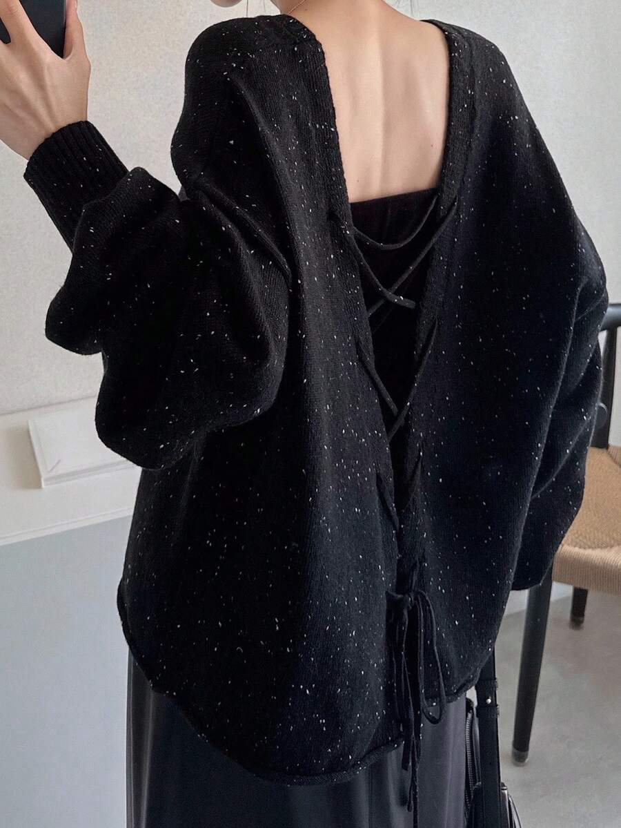 FRIFUL 女士宽松镂空交叉露背休闲毛衣，都市风格，秋季亮片 - 黑色 - 查看 1