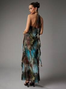 Hauture Women's Sexy Abstract Print Layered Ruffle Hem Maxi Halter Neck Dress For Vacation, Party - Multicolor - View 3
