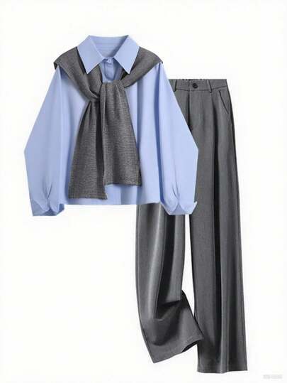 INAWLY Women's Fashion Casual Romantic Long Sleeve Shirt And Pants 2 Pieces Set