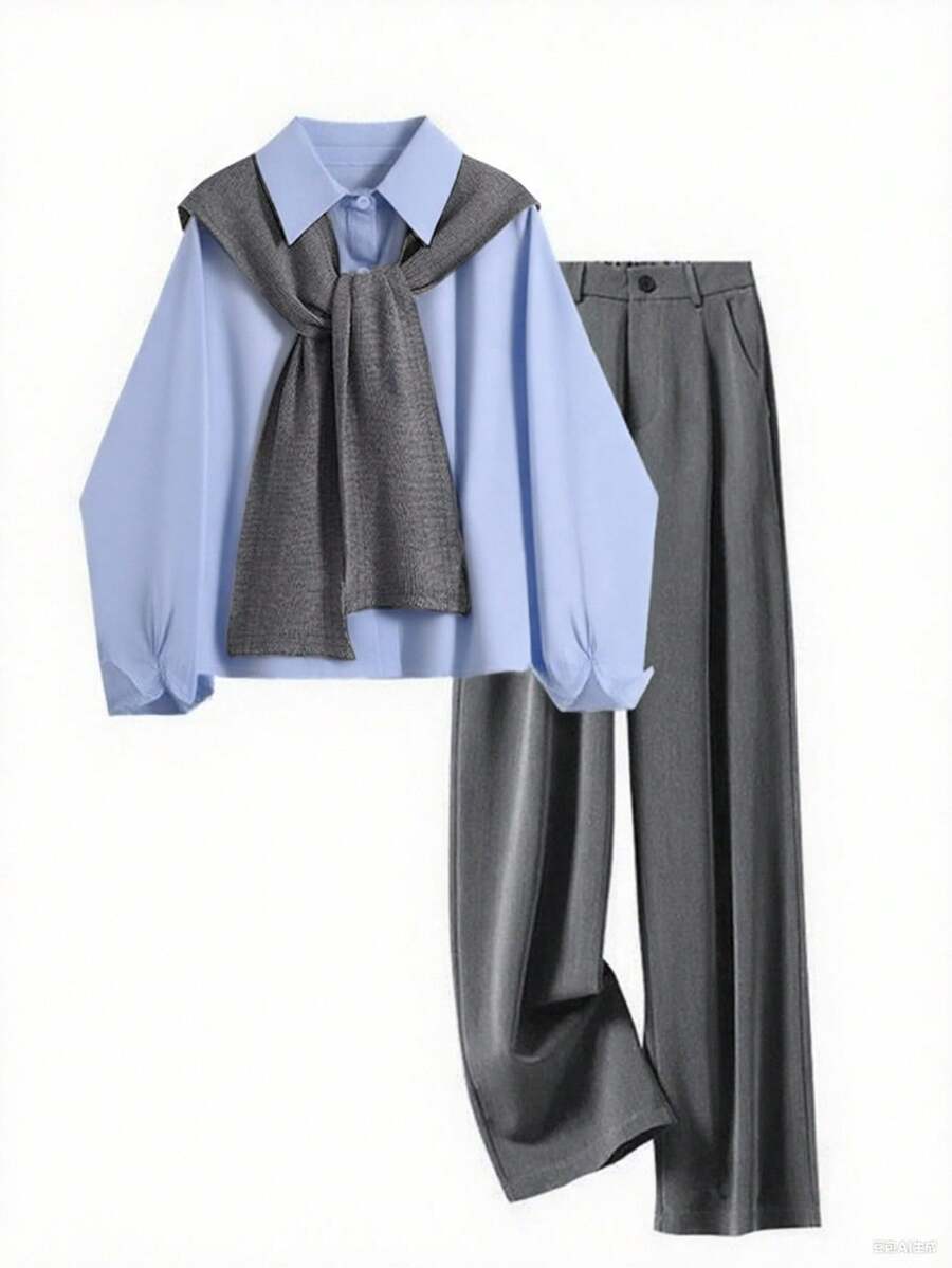 INAWLY 女士时尚休闲浪漫长袖衬衫和裤子两件套 - 藍色 - 查看 1