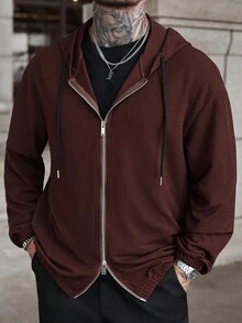 Manfinity Homme Men's Solid Color Long Sleeve Zip-Up Drawstring Hoodie, Autumn Zip Up Hoodie Men Men Ribbed Zip Up Hoodie - Coffee Brown - View 5