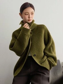 Dazy-Less 女士宽松商务休闲高领纯色针织开衫，适合秋冬季办公室穿着外套 - 墨綠色 - 查看 7