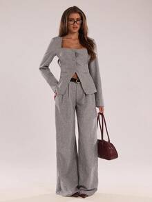 SHEIN BAE Autumn/Winter Women's Minimalist Elegant Commuter Casual Straight-Leg Suit Pants Loose-Fit Pants Gray Loose-Fit Pants High-Waisted Loose-Fit Pants Pleated Loose-Fit Pants Women's Suit Pants, A Must-Have Item For Autumn/Winter,Fall - Grey - View 4