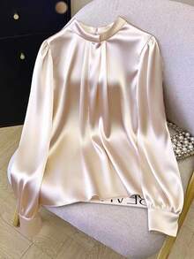 Franclia 女士撞色衬衫，女士金属纽扣装饰腰衬衫 - 杏色 - 查看 1