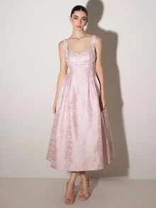 Poshira Váy trang trí chuỗi ngọc trai giả thanh lịch bằng vải Jacquard dành cho nữ - Hồng - Xem 6