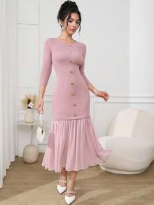 Modelyn Damen elegantes Patchwork-Meerjungfrau-Saum figurbetontes Pulloverkleid, Herbst - Korallenrosa - Übersicht 4