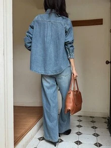 DAZY Chemise à manches longues avec col et boutons pour femmes et pantalon droit avec décoration de ceinture, tenue en jean décontractée