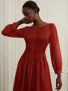 Aveloria Rosie New Romantic Vintage Tea Party Dress, Oversized Loose Flattering Design, Elegant Off Shoulder Ruched Sheer Linen-Like Fabric, Puff Sleeves, Solid Color - Burgundy - View 5