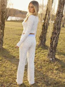 Aralina Sleepwear Fall Winter Cute Waffle Textured Fabric Printed Ditzy Floral With Contrast Gingham Check Button Placket Long Sleep Top And Straight Leg Pant With Contrast Gingham Check Waistnband And Tie Two Piece Sleep Set - Multicolor - View 8