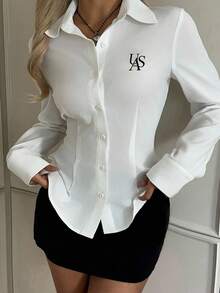 SHEIN EZwear 女式休闲收腰长袖纽扣衬衫，美国标志，复古风。适合秋冬、返校季、毕业典礼、派对、街头潮流、斯德哥尔摩风格、复古风。非常适合…… - 白色 - 查看 3