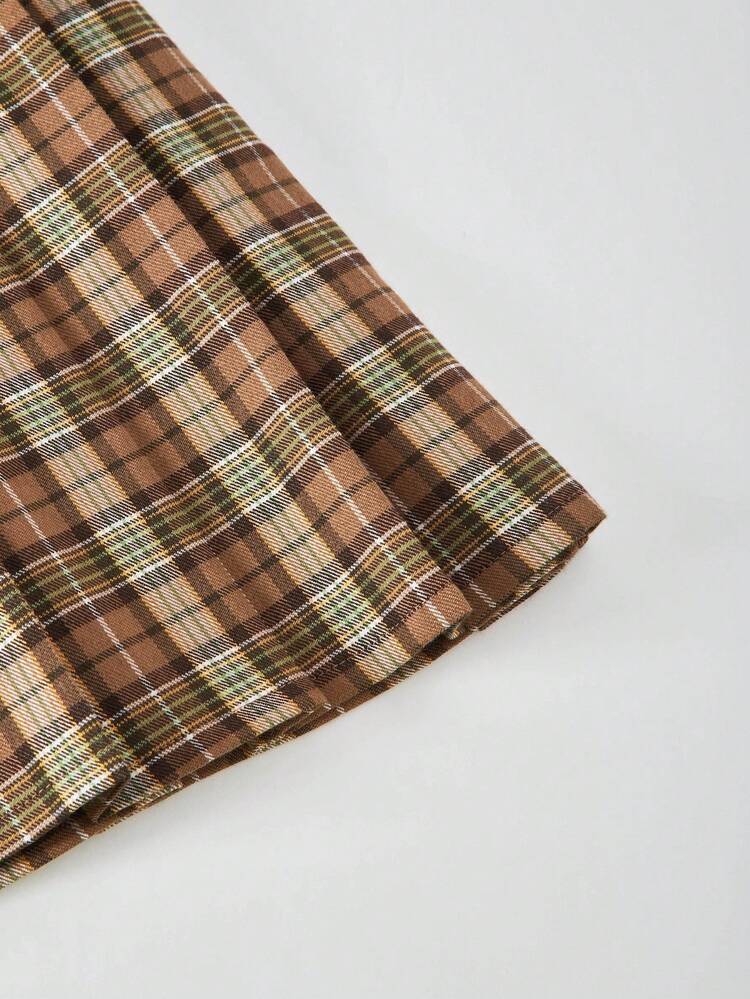 SHEIN Casuvi Kid Teen Girl 2-Piece Set: Vintage School Style Ribbed Crew Neck Sweatshirt With Letter Graphic, Woven Plaid Pleated Skirt, Suitable For School, Casual Wear In Spring And Autumn, Fall Clothes Outfit Winter - Dark Green - View 7