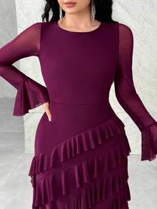 Modelyn Đầm suông cổ tròn tay loe xếp tầng viền bèo nhún thanh lịch cho nữ - Bold Plum - Xem 5