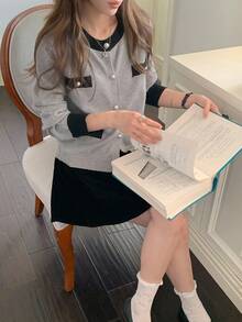 DAZY Patchwork Colorblock Crew Neck Long Sleeve Elegant Vintage Knit Cardigan For Women, Autumn/Winter - Grey - View 5