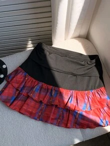 Comfortcana 女式夏季时尚格子拼布荷叶边下摆迷你裙 - 彩色 - 查看 6