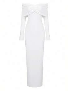Slaydiva Women's Solid Color Ruched Off Shoulder Slim Sexy Long Sleeve Dress - White - View 4