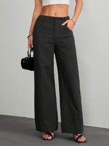 SHEIN PETITE 女士休闲时尚夏季度假条纹印花口袋宽松长裤，适合日常穿着 - 黑色 - 查看 5