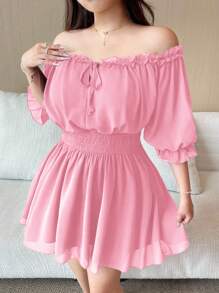 Flirla Vestido de manga abullonada con cuello en V, cintura con lazo y volantes, hasta la rodilla, talla grande. Elegante, vintage y lindo para vacaciones, citas y fiestas