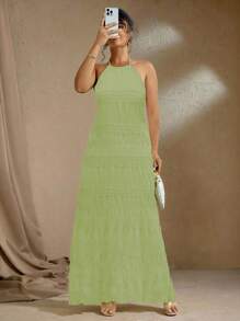 Flirla Vestido camisero romántico de tiras finas y espalda descubierta, de gasa texturizada y multicapa, talla grande