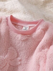 Genkimix Kids 2pcs/Set Young Girl' Cute Casual Comfortable Knit Round Neck Fluffy Pink Long Sleeve Top And Pants Pajama Set With Bow Design Winter Pajama Set Girls Fall