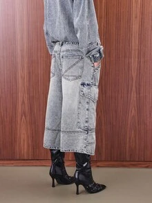 COUREZ Low Rise Longline Cargo Jorts With Washed Seams /Y2K Streetwear Back To School  Summer Spring Casual - Blue - View 5