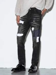 Manfinity EMRG Men's Casual Washed Distressed Patch Denim Jeans - Dark Grey - View 5