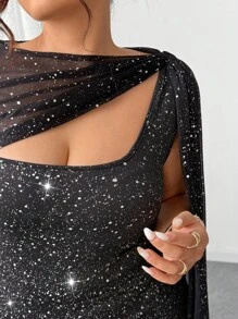Elenzga Plus Size Women's Bodycon One Shoulder Cape Maxi Dress,Elegant Black Glitter Sequin Formal Evening Party Dress,Autumn Formal Gown - Black - View 9