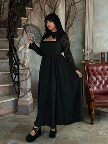 Flirla Plus Size Halloween Dark Contrast Lace-Up Dress - Black - View 5