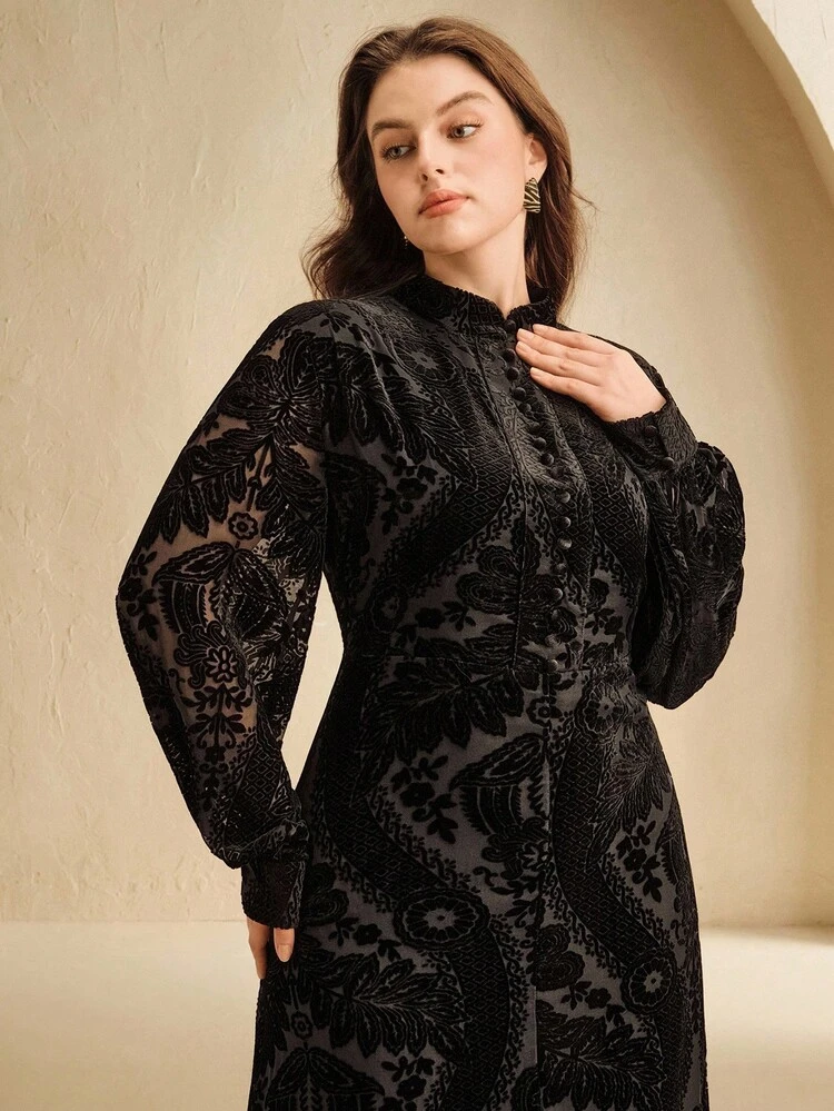 Valentine Plus Size Black Flocked Burnout Flare Hem Stand Collar Dress