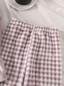 SHEIN Genkimix Kids 2件套女童毛绒格子长袖上衣和裤子休闲舒适柔软睡衣套装